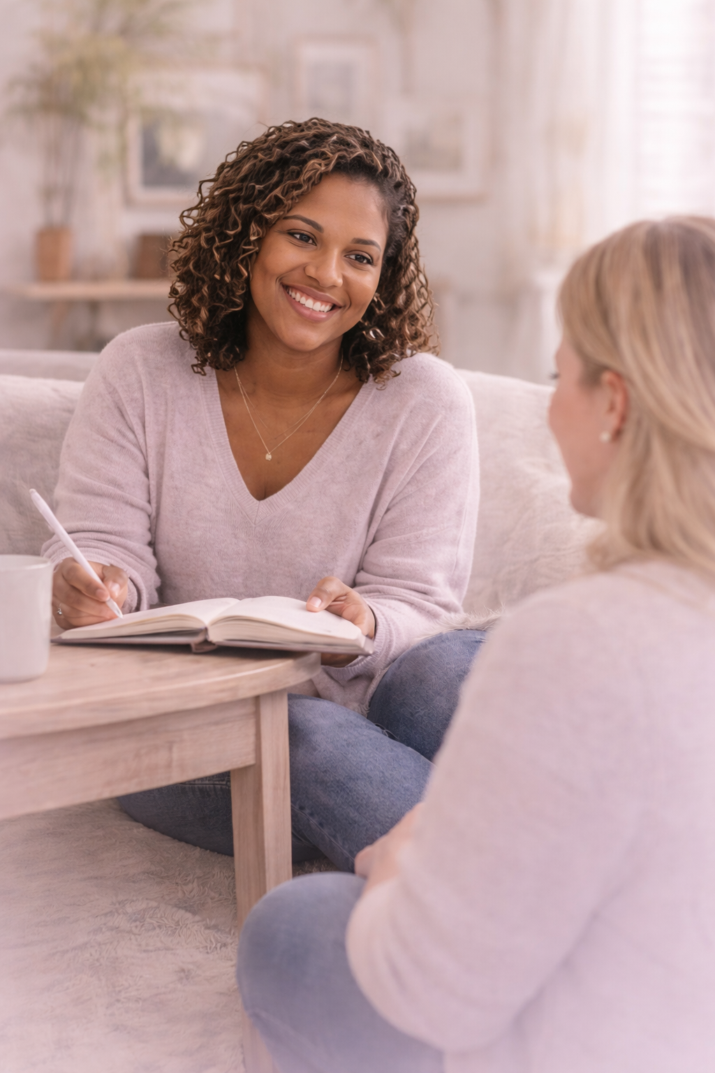 Two women having a conversation in a cozy living room, one smiling while holding an open notebook and pen, the other listening attentively.