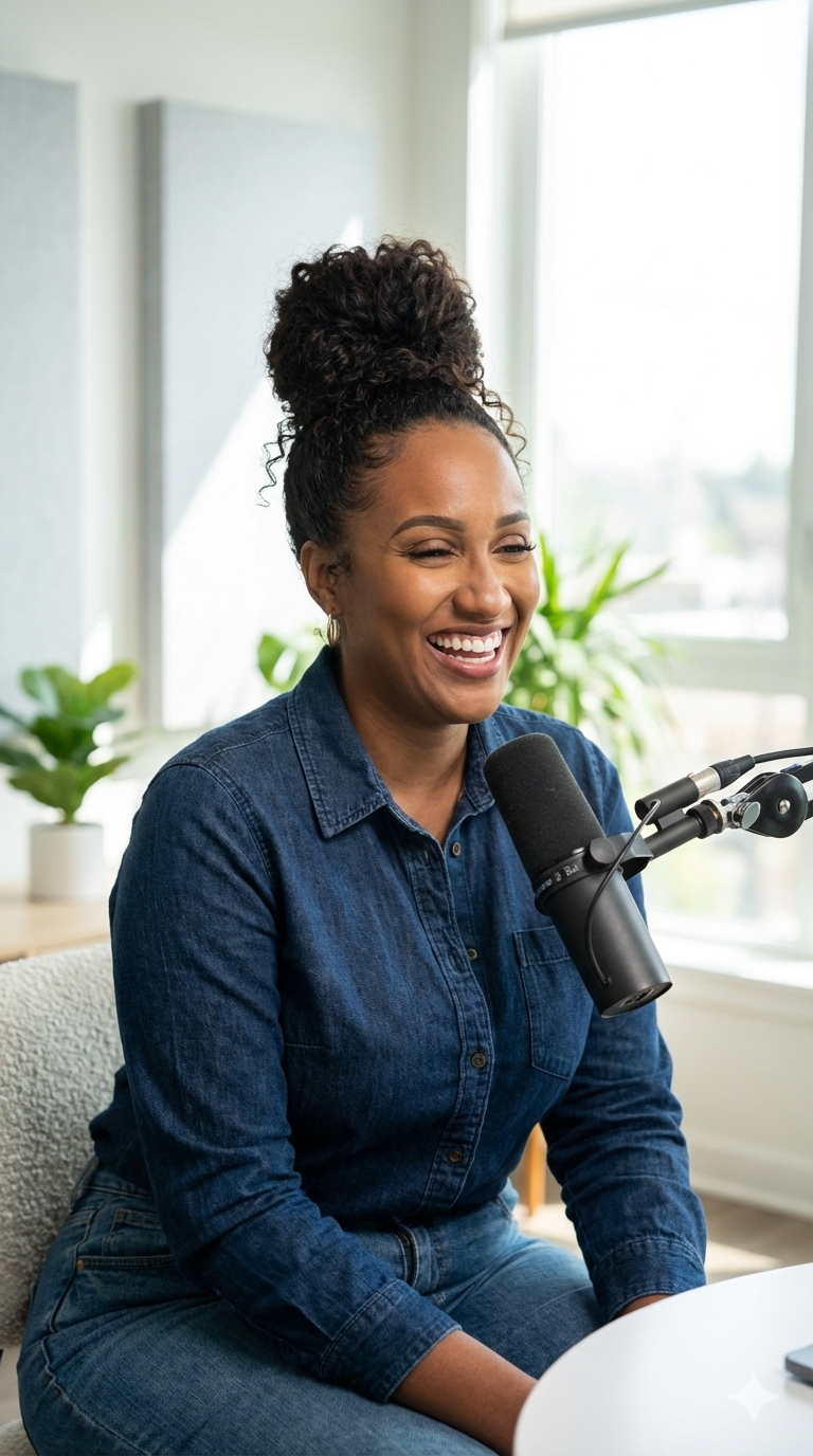 A woman with curly hair in a bun, wearing a denim shirt, sitting at a table with a microphone, smiling and speaking, in a bright room with large windows and green plants.