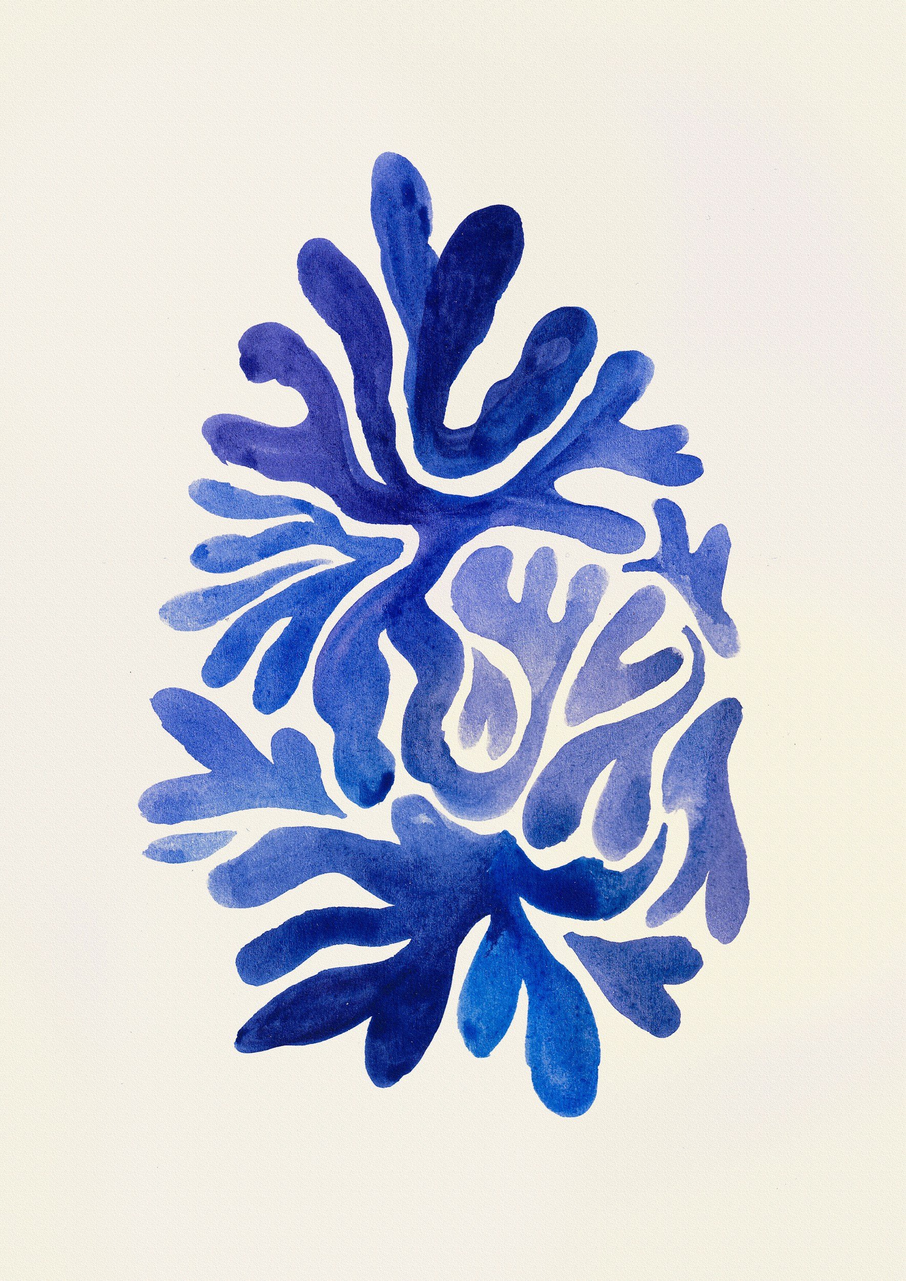 Abstract watercolor painting of coral in shades of blue on white background.
