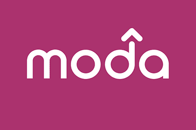 The word 'môda' in white lowercase letters on a pink background.