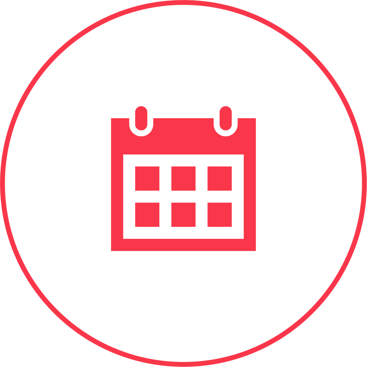 Icon of a calendar with a red border and grid inside a circle