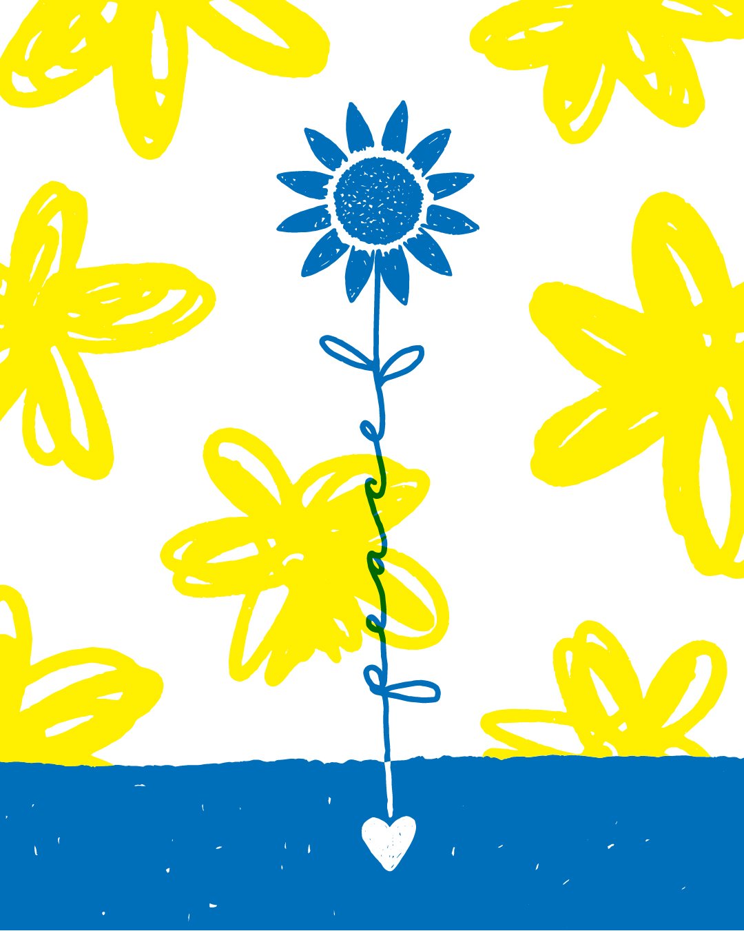 A digital drawing of a blue flower with the name 'flower' vertically written on its stem, surrounded by yellow flowers, all on a white background with a blue base.