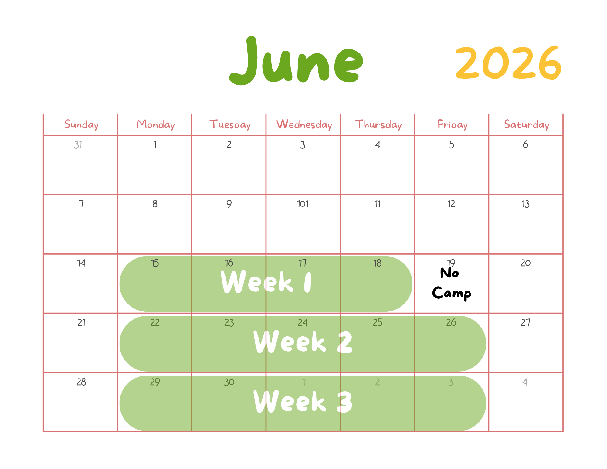 A calendar image denoting the weeks of camp offered in the month of June