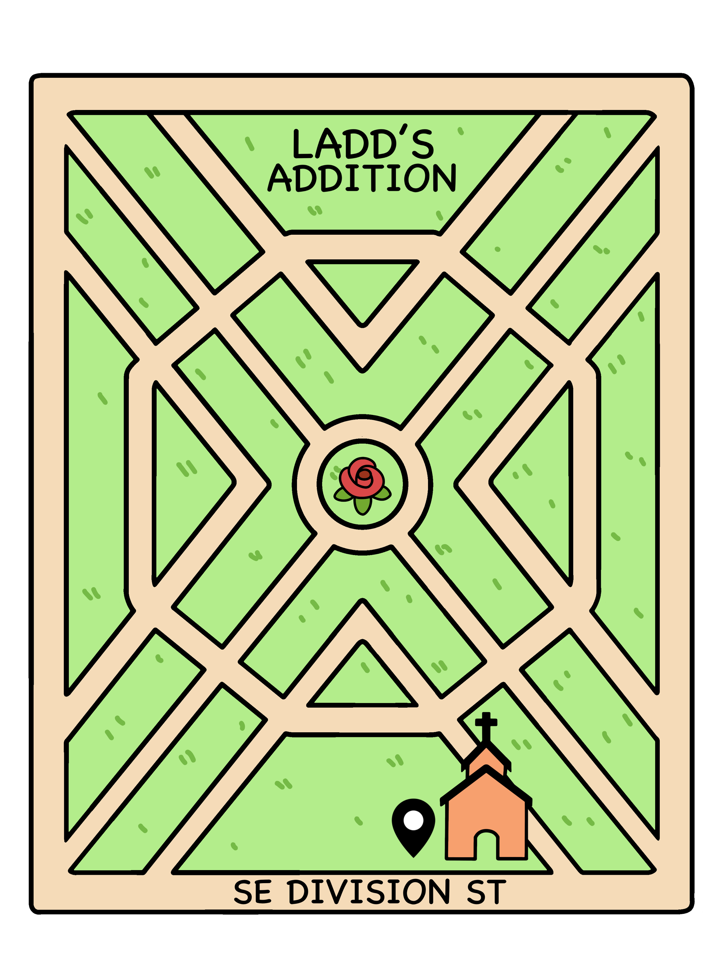A graphic design of the iconic Ladd's Addition neighborhood in SE Portland, Oregon. A raindrop icon denotes where Biking Buds camp is held.