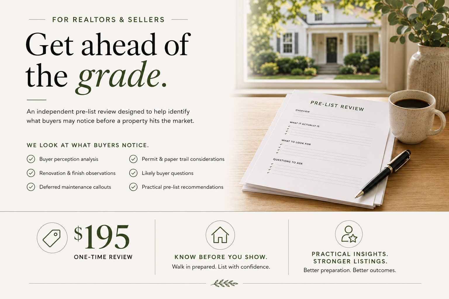 A promotional graphic for real estate agents featuring a stack of paper review forms labeled 'Pre-List Review,' a pen, a coffee mug, and a small potted plant on a wooden table near a window showing a house outside.