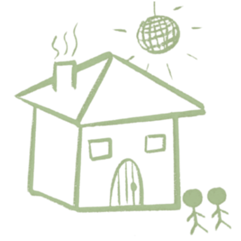 Simple drawing of a house with a chimney, a disco ball hanging above, and two stick figures walking nearby.