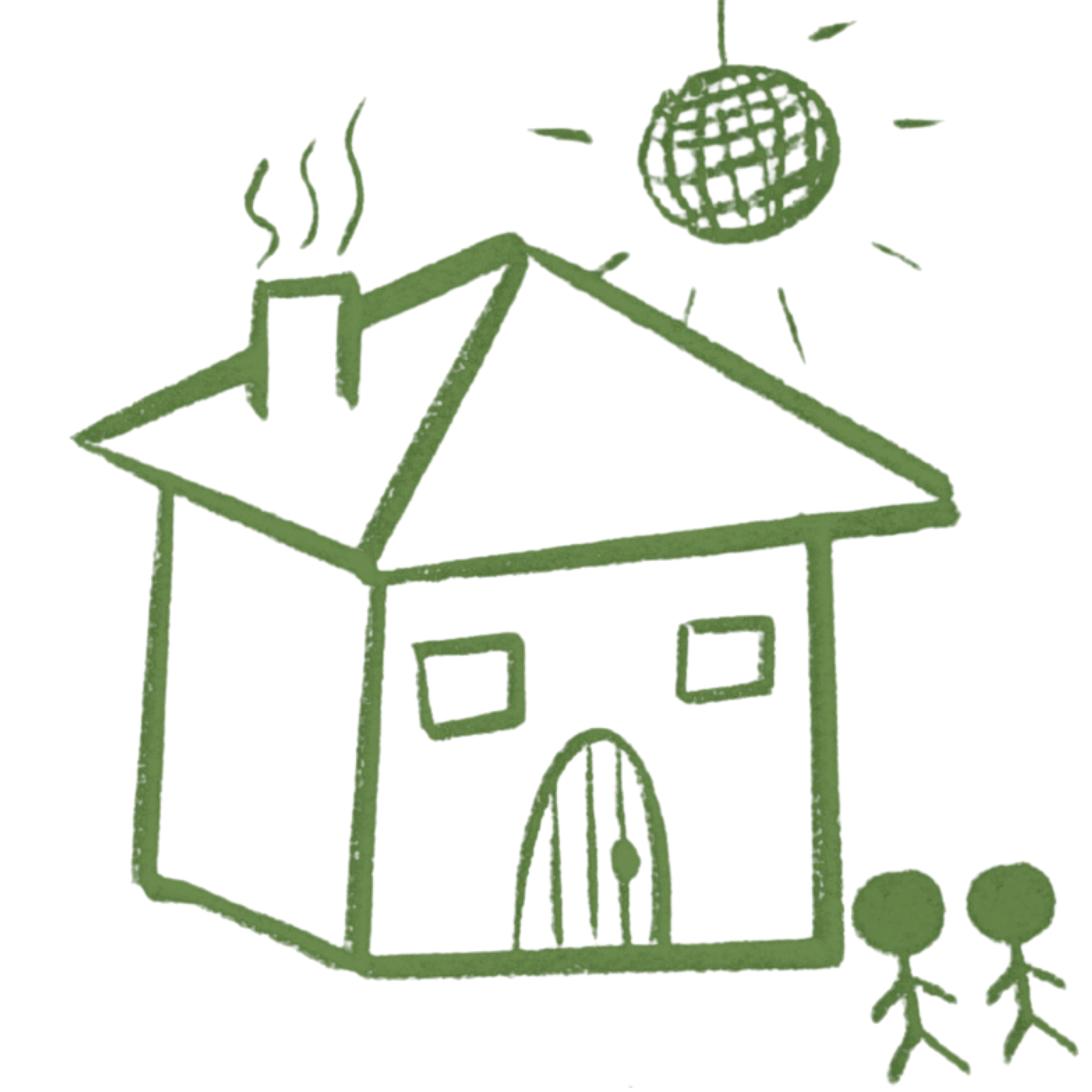 Simple drawing of a house with a chimney, a disco ball hanging above, and two stick figures walking nearby.