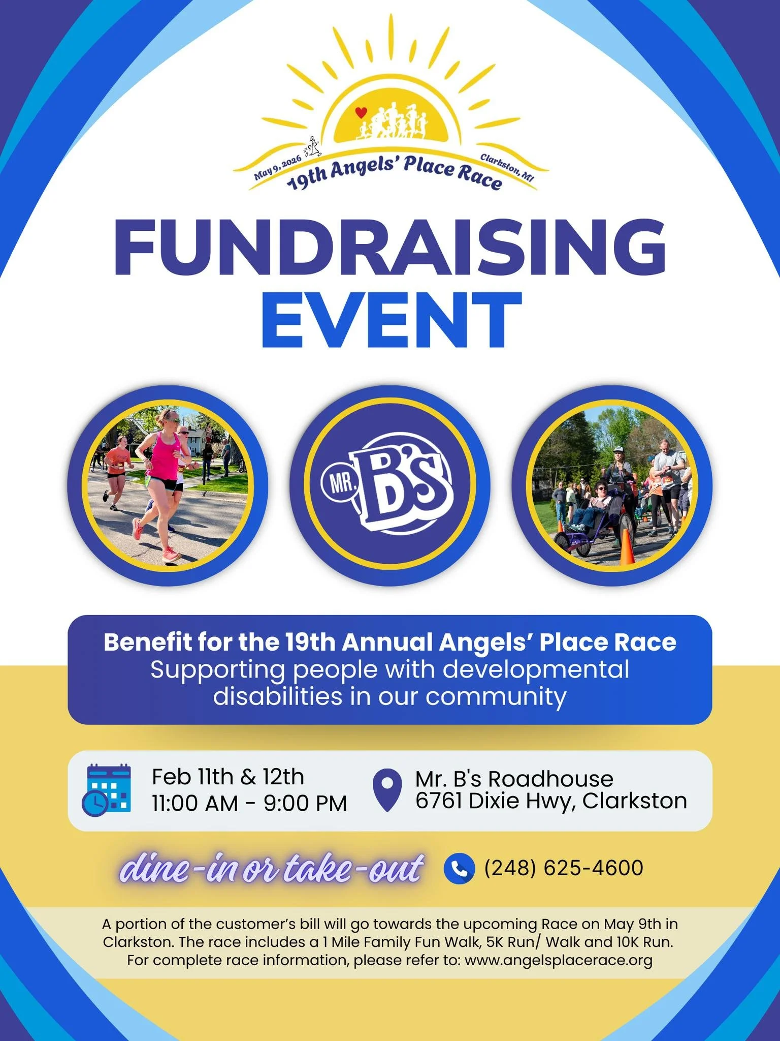 🍔💙 EAT FOR A CAUSE 💙🍔
Join us at Mr. B&rsquo;s Roadhouse for a Fundraising Event benefiting the 19th Annual Angels&rsquo; Place Race!

A portion of every dine-in or take-out order will go directly toward supporting individuals with developmental 