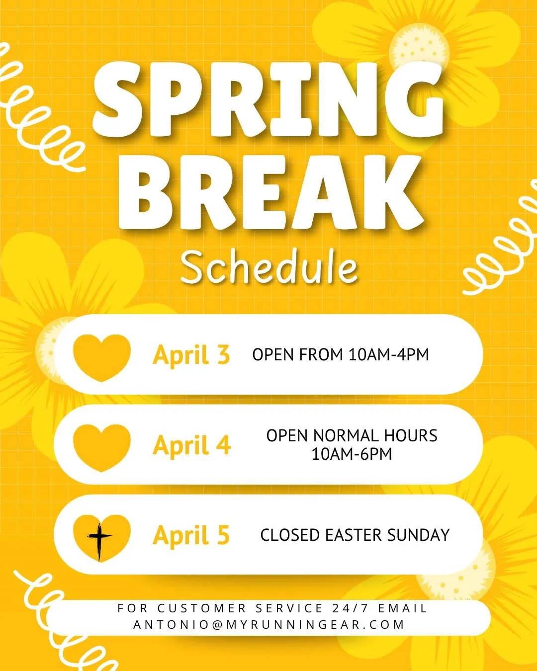 Spring Break is almost here! ☀️
Our store hours will be slightly adjusted during the break, so please take a moment to check the updated schedule before stopping by. We&rsquo;d hate for you to make the trip and catch us while we&rsquo;re closed!

We&