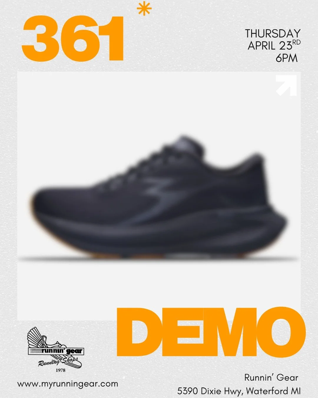 Thursday = your excuse to switch things up.

Step out of your comfort zone and join us at the Runnin&rsquo; Gear Group Run with 361&deg;. Show up a little early, lace up a pair of the Eleos 2 or Phoenix 2, and take them for a spin during the run.

Af