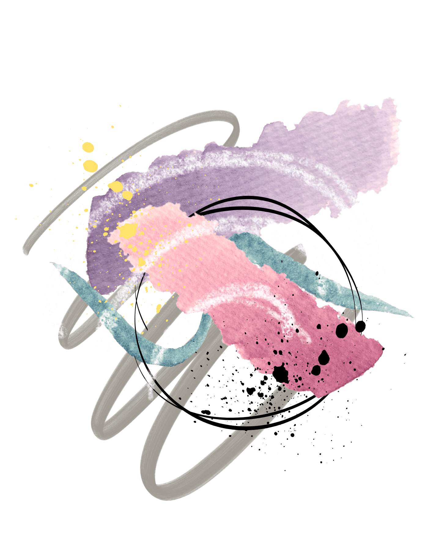 Abstract watercolor painting with purple, pink, and teal brush strokes, black dots, and gray, white, and black swirling lines on a black background.