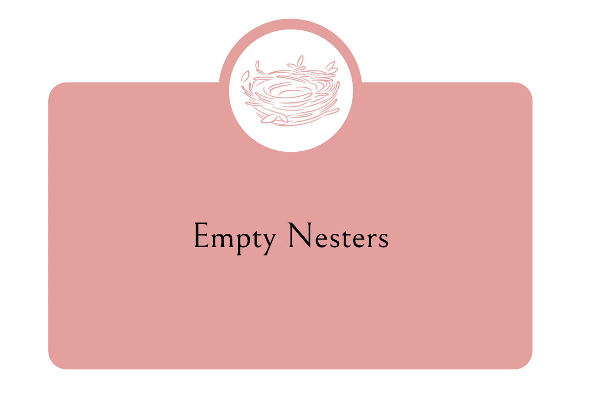 A label with a pink background and rounded corners that reads "Empty Nesters". At the top, there is a circular icon with a line drawing of a bird's nest.