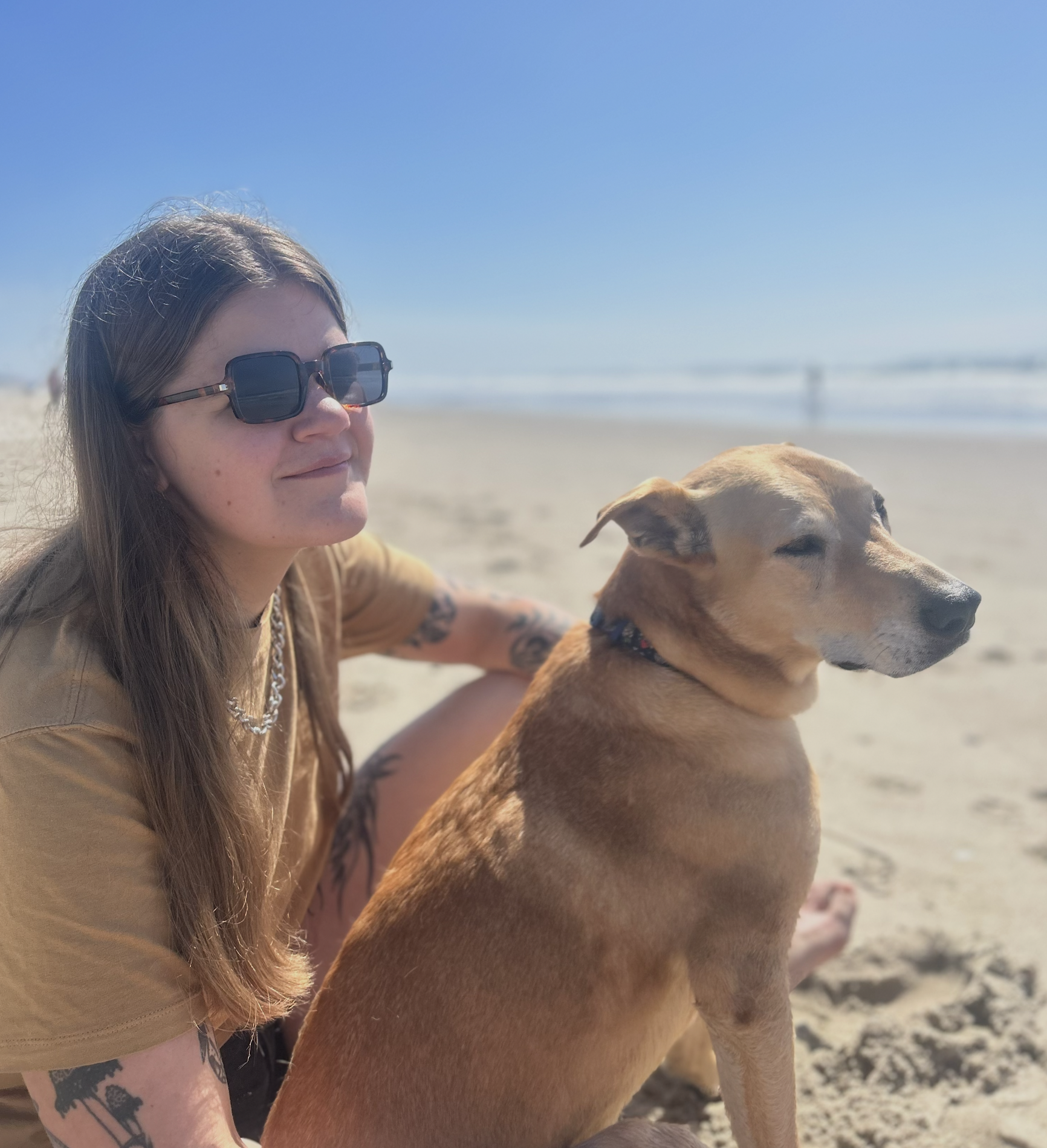 A woman with long brown hair wearing black sunglasses and a beige shirt sitting on the beach with her tan dog, both facing away from the ocean and looking into the distance on a sunny day.
