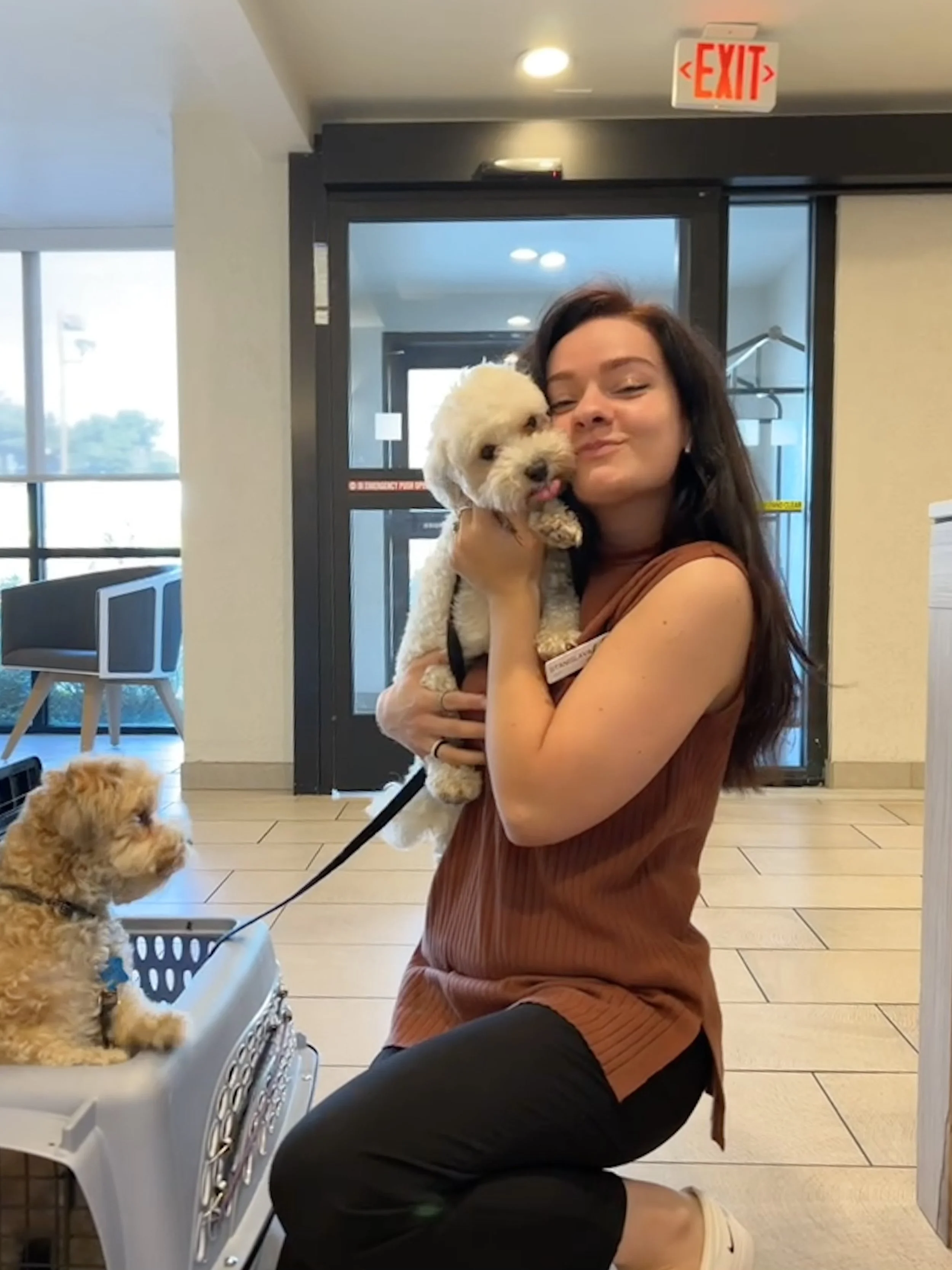 A woman kneels indoors, holding a small white dog with a pink tongue near her face in a loving pose. A tan-colored dog is sitting in a pet carrier nearby, looking at the woman and the other dog. An exit sign is visible in the background, along with a glass door and some modern furniture.