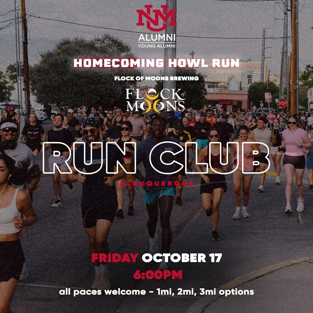 This Friday night we&rsquo;re collabing with @unmyoungalumni for a run through campus for Homecoming weekend! Join us at @flockofmoons for a sunset run and hangout afterwards over some drinks.

@abqrunningfiesta will be there with special giveaways f
