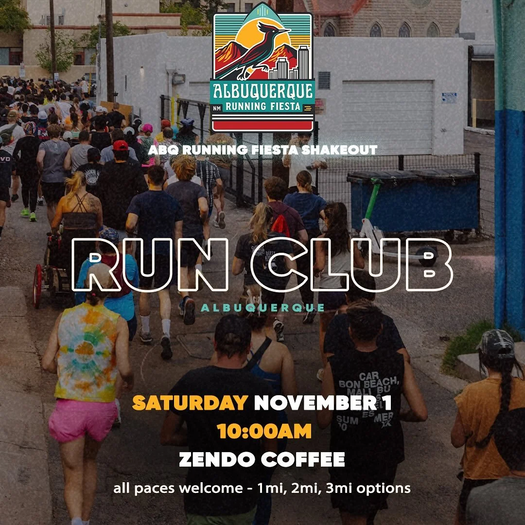 Join us for the FIRST-EVER Albuquerque Running Fiestas kickoff! We&rsquo;re hosting a shakeout run &amp; party at Zendo Coffee. Meet us Saturday, Nov 1 at 10:00 AM for a chill run, amazing coffee, and friends. Tag a friend and let&rsquo;s get ready f