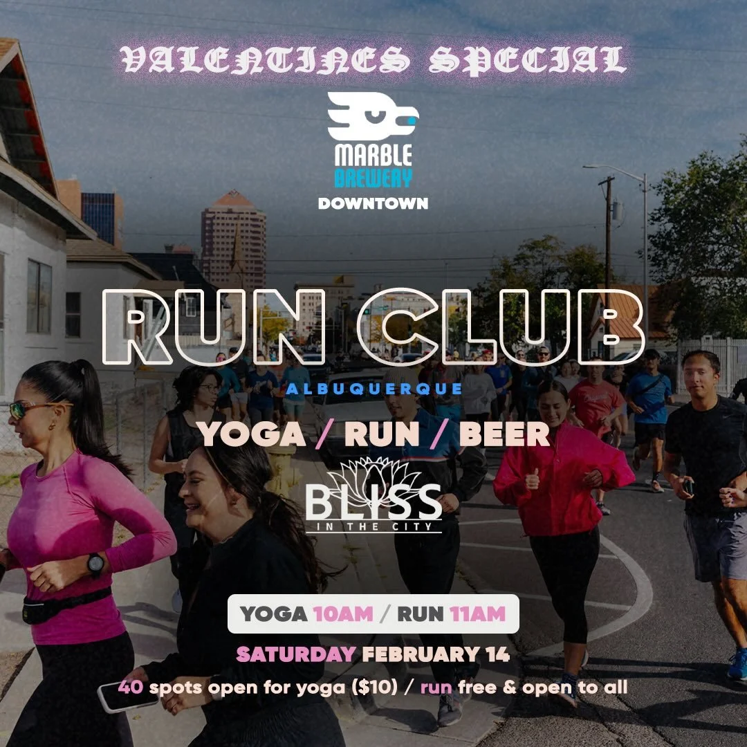 Join us this Valentines Day for yoga, running, and beer with @blissinthecityabq at @marblebrewery downtown! 💗

🧘&zwj;♀️ 10:00&ndash;11:00 AM

Yoga Flow on the Sky Deckz All-levels, heart-opening flow. 40 spots available, $10 fee, link in bio to reg