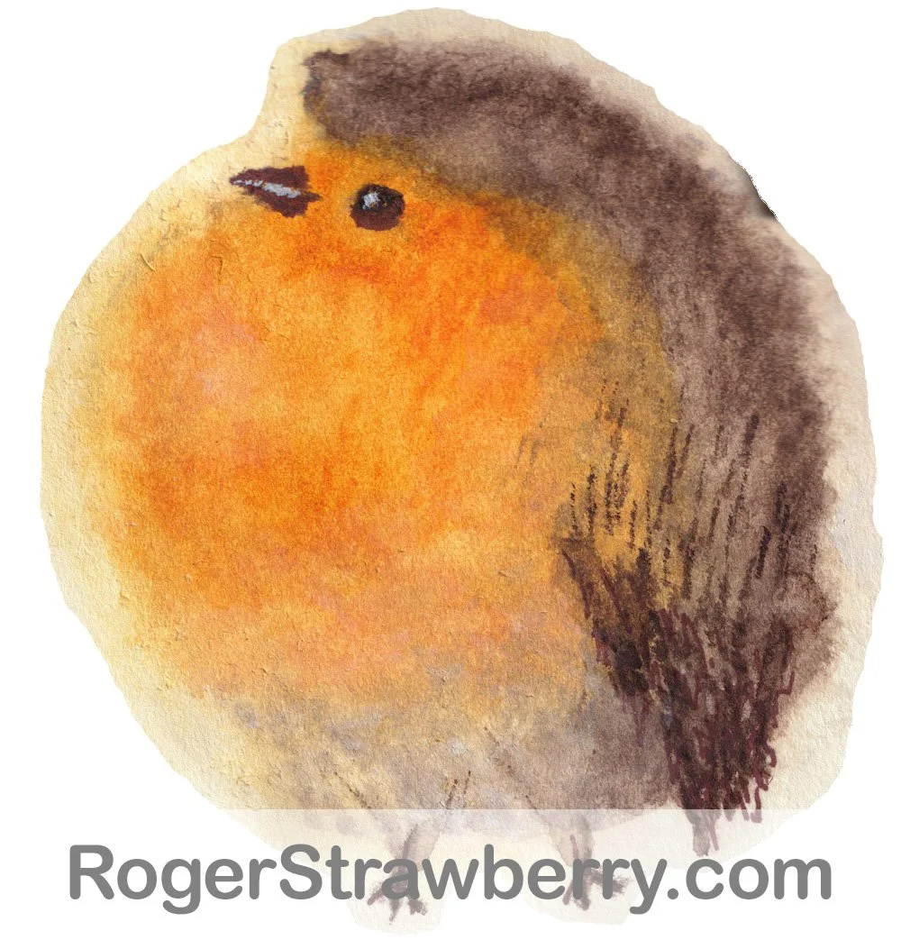 Watercolor painting of a small bird with orange and yellow feathers, brown wings, and a dark beak.