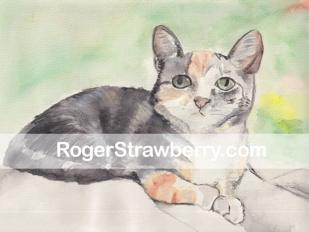 Watercolor painting of a calico cat lying down, with green and yellow background.