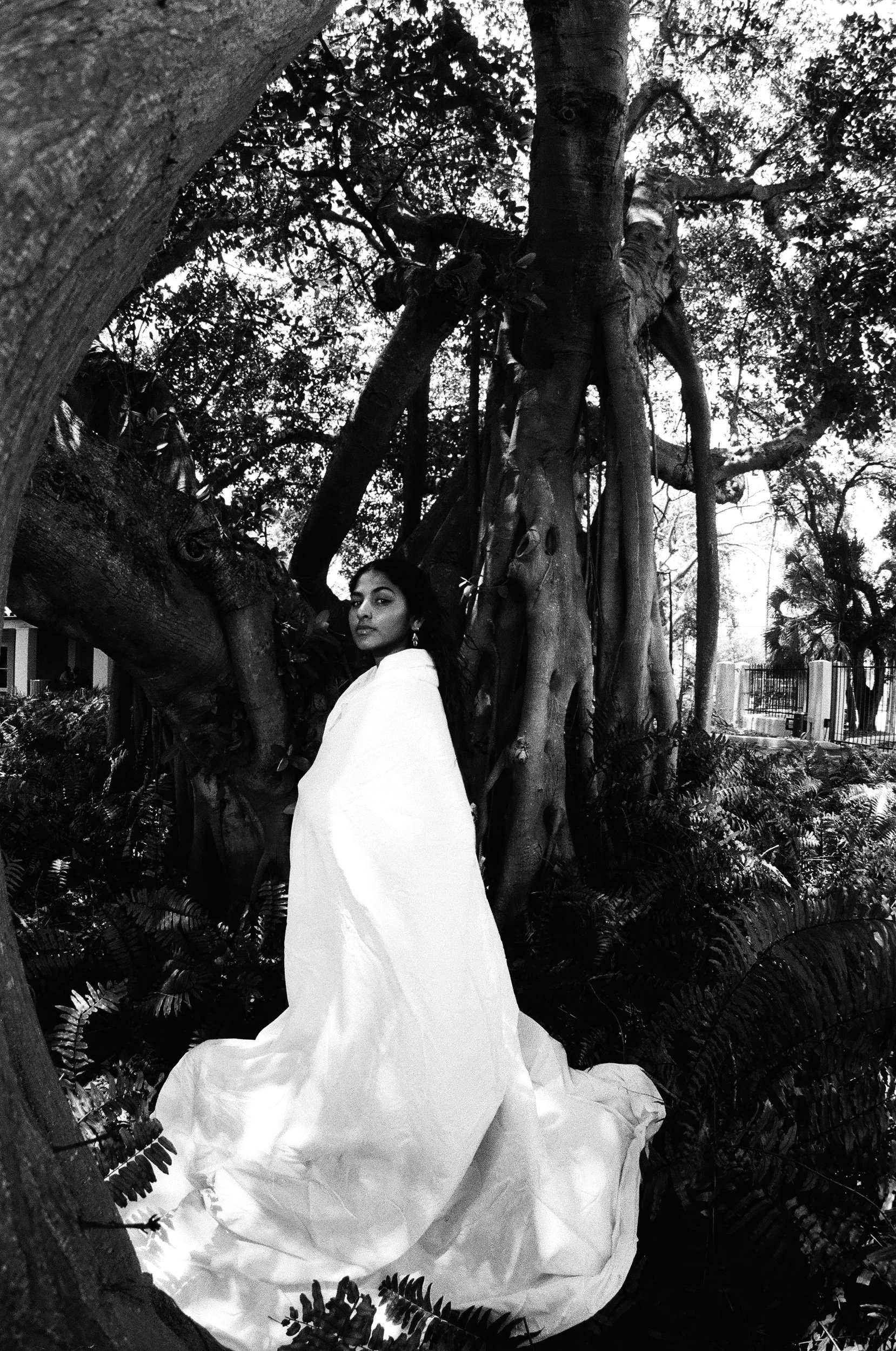 A woman draped in a flowing white sheet stands under a huge tree and looks at the camera