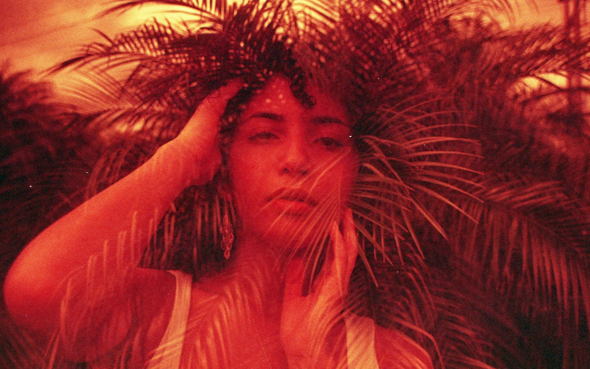 A woman with long curly hair with a the branches of a tree over her face, with warm lighting creating an orange-red hue.