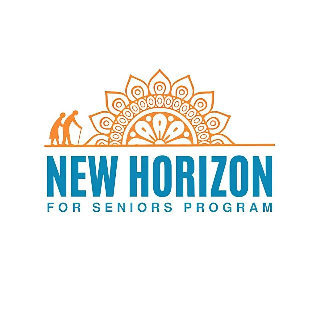 Logo for New Horizon for Seniors Program featuring an orange decorative sun and two senior figures walking with a cane.