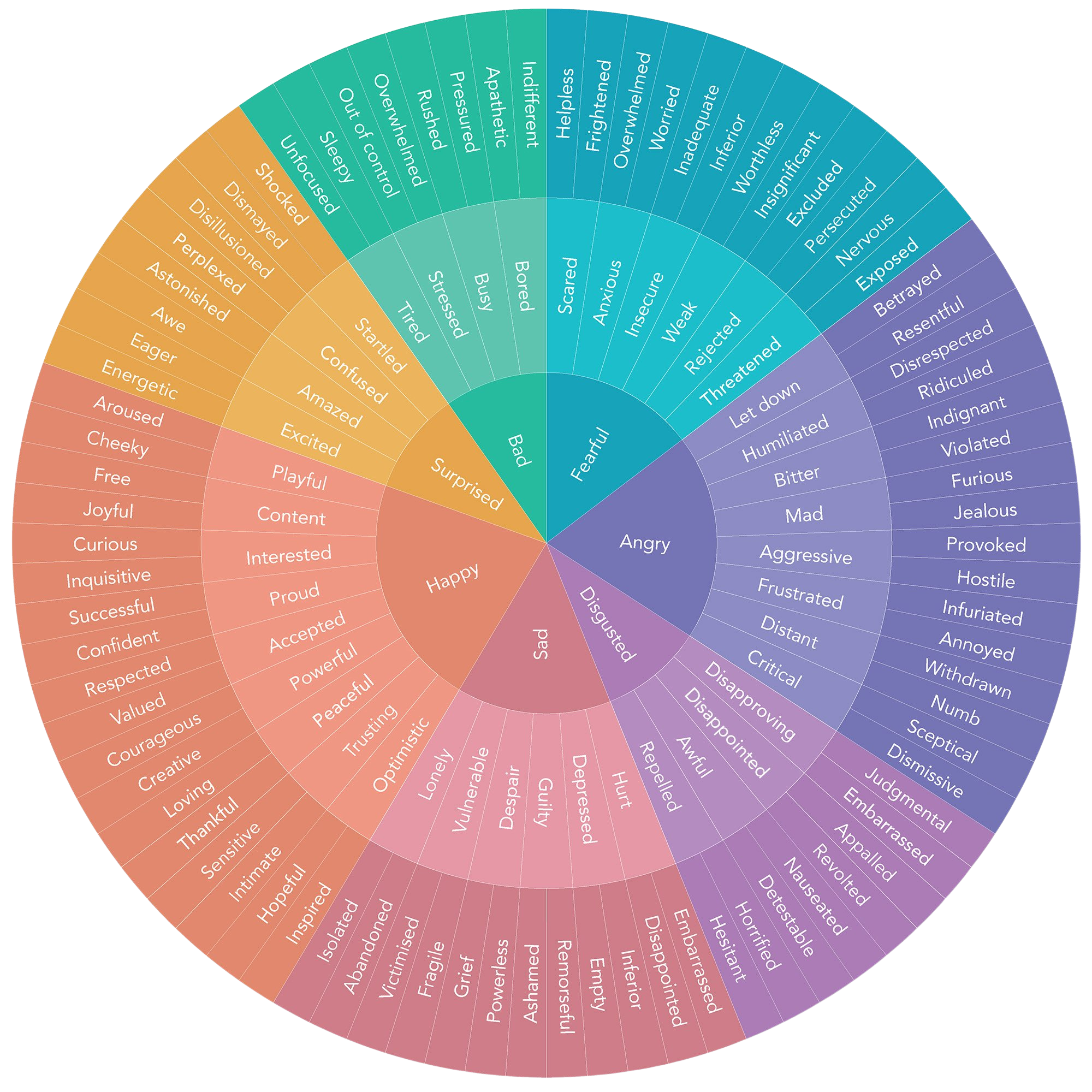Colorful circular chart depicting different emotions, with sections for happy, sad, angry, fearful, surprised, and disgusted emotions, each subdivided into specific emotional states.