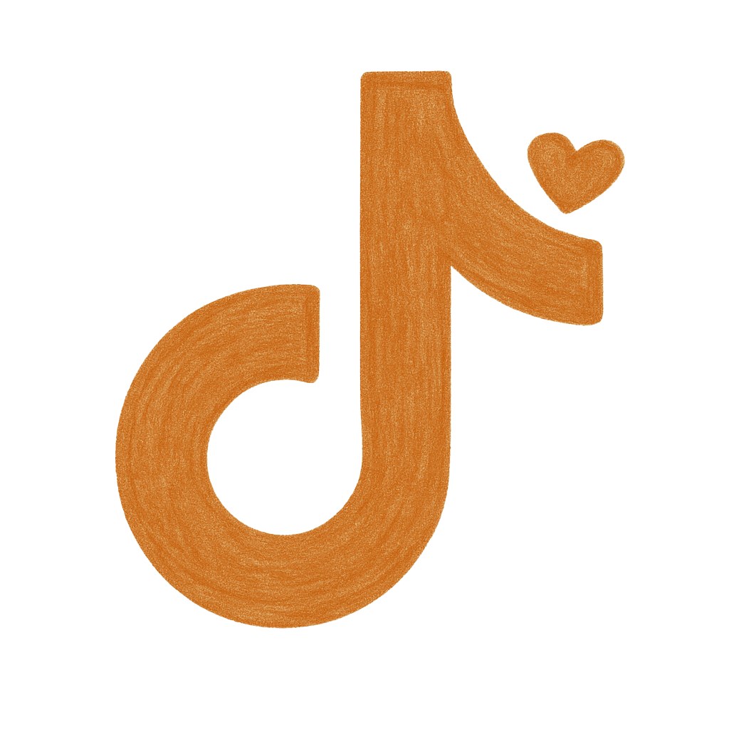 A brown, hand-drawn TikTok logo with a small heart above it.