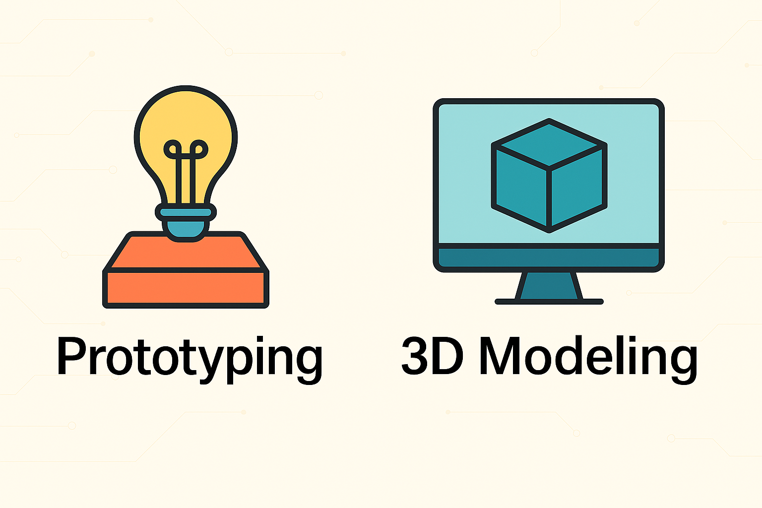 Icons representing prototyping and 3D modeling, with the words 'Prototyping' and '3D Modeling' beneath each icon.