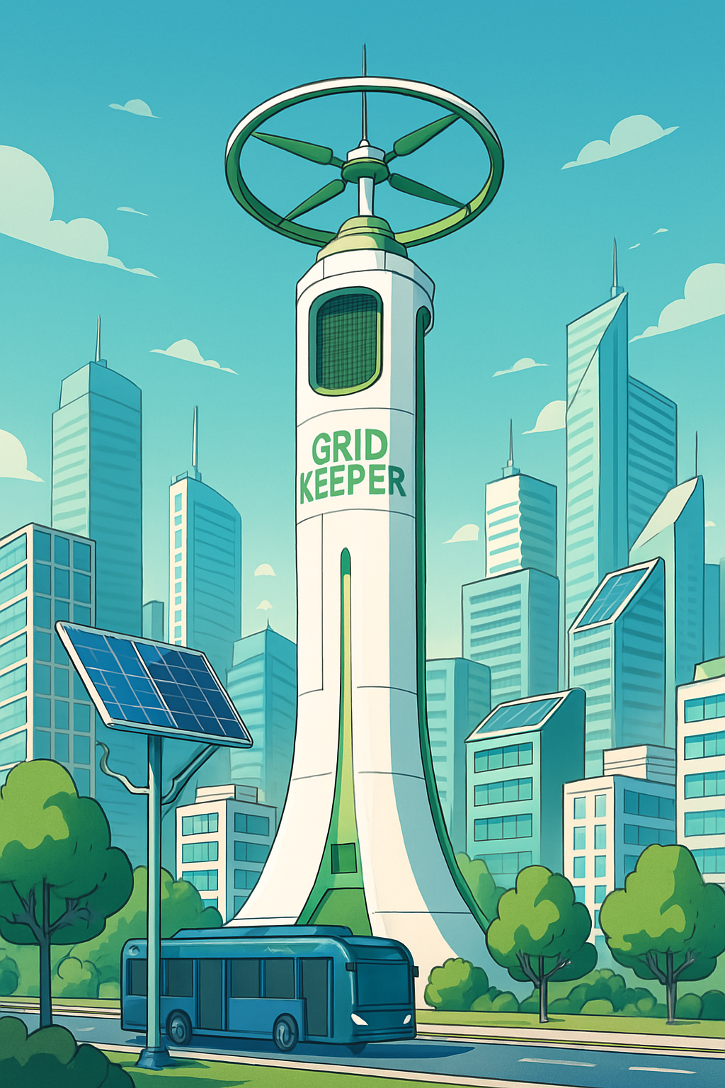 Futuristic cityscape with tall skyscrapers, solar panels, and a building labeled 'Grid Keeper.' The city has a green and blue color scheme, and a modern bus is on the road in front of green trees.