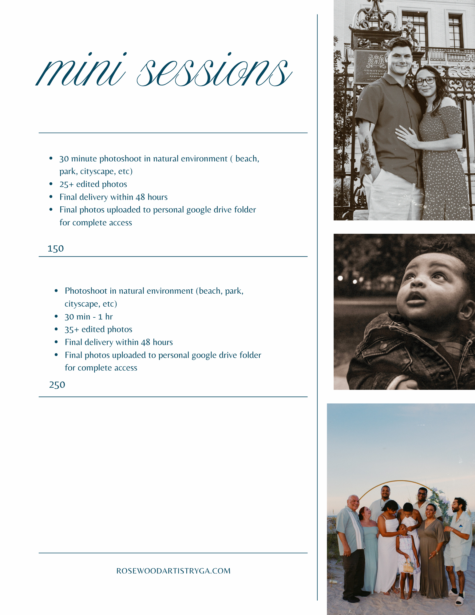 Flyer for mini photo sessions featuring three images: a black-and-white photo of a young couple in front of a building, a black-and-white photo of a young child outdoors, and a color photo of a group of people at the beach. The flyer lists details for 30-minute and 30-minute to 1-hour outdoor photo shoots, including photo counts, delivery times, and pricing.