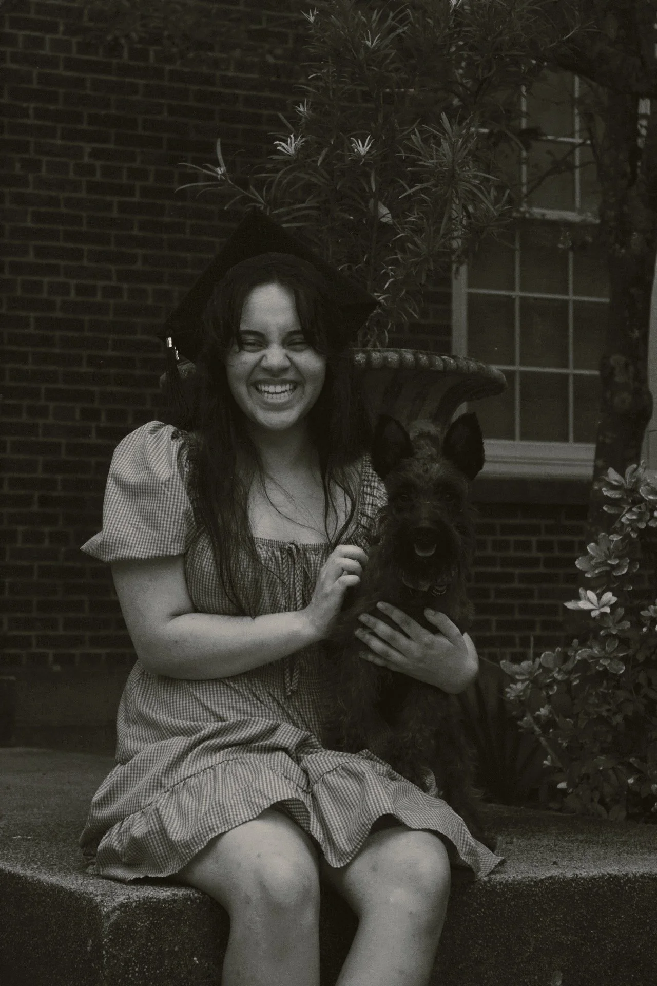 A smiling woman wearing a graduation cap and gown, sitting outdoors on a ledge, holding a dog, with a brick building and window in the background.