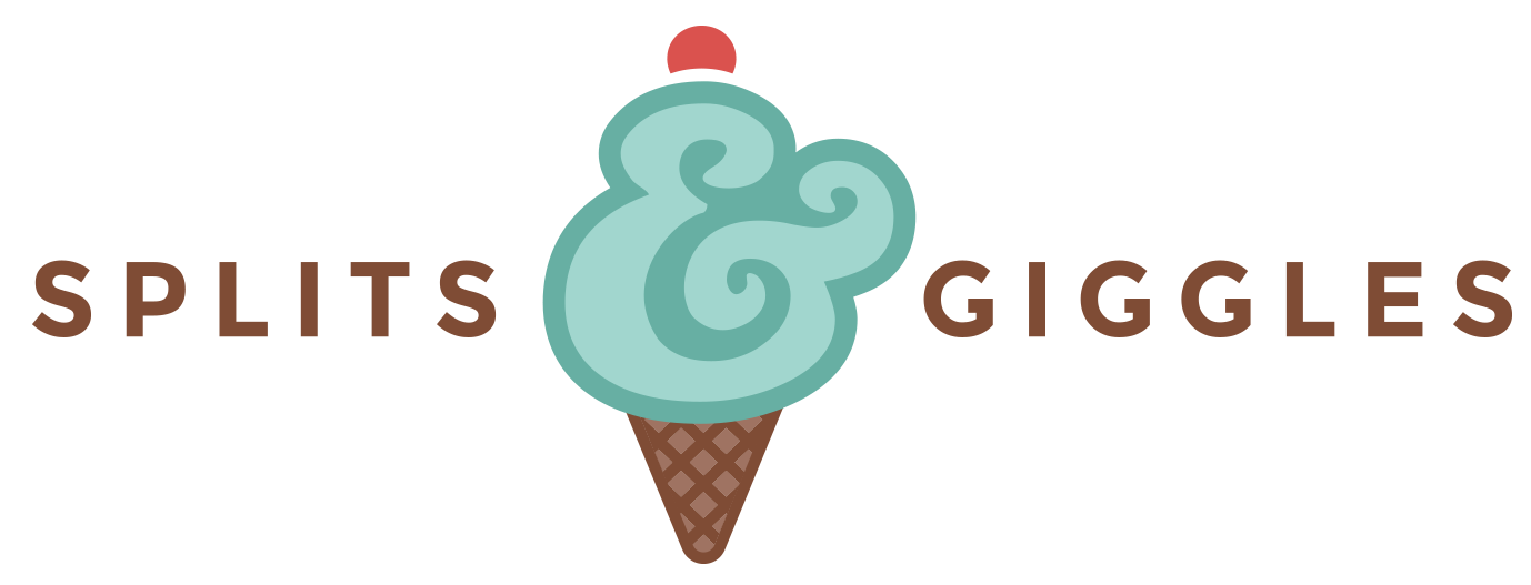 Logo for Splits and Giggles featuring a stylized ice cream cone with a light blue swirl on top, and the words "Splits" and "Giggles" on either side.