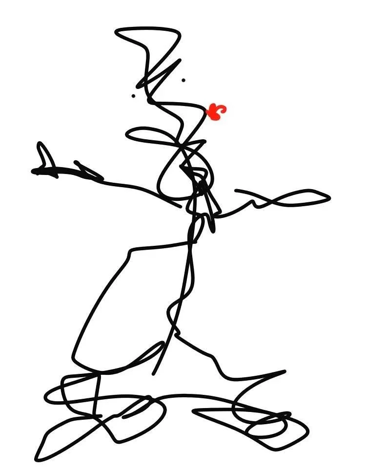Abstract black scribbles on a white background with a red heart shape near the top center.