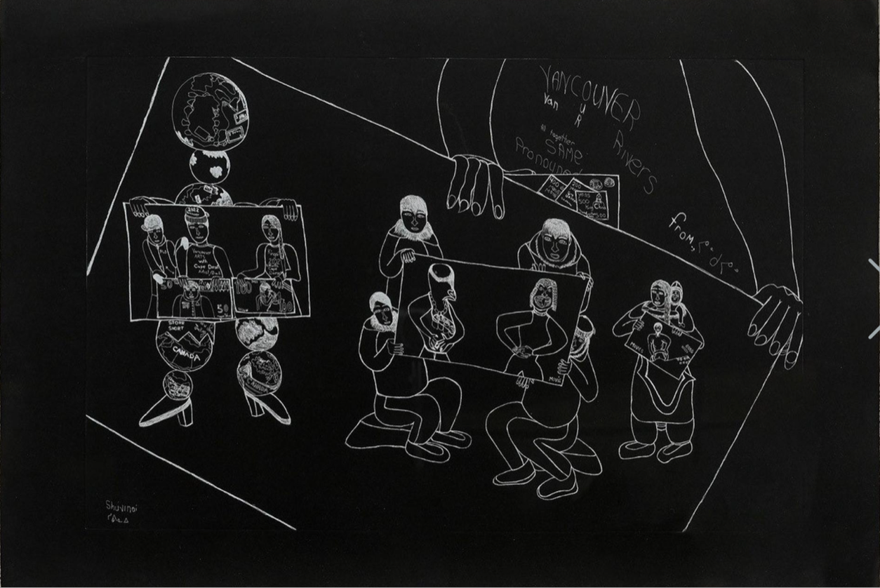 Shuvinai Ashoona, Vancouver Rivers, 2022, etching, edition 2/20, 33 3/4 x 48"