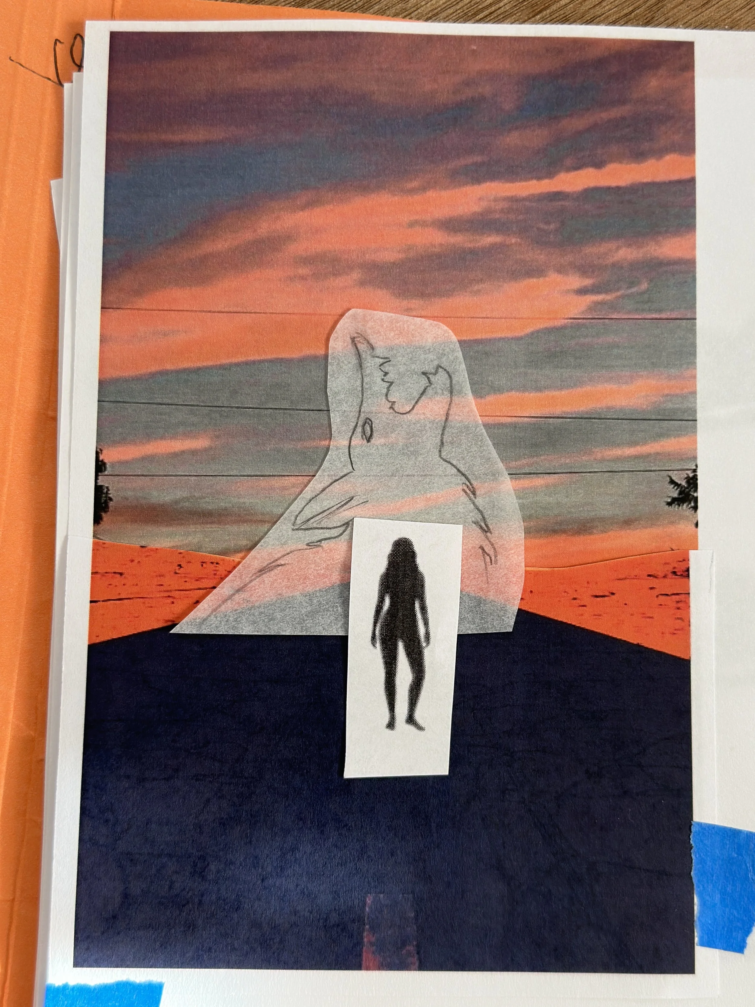 mock-up of book cover w/pink sky, howling animal and woman's silhouette