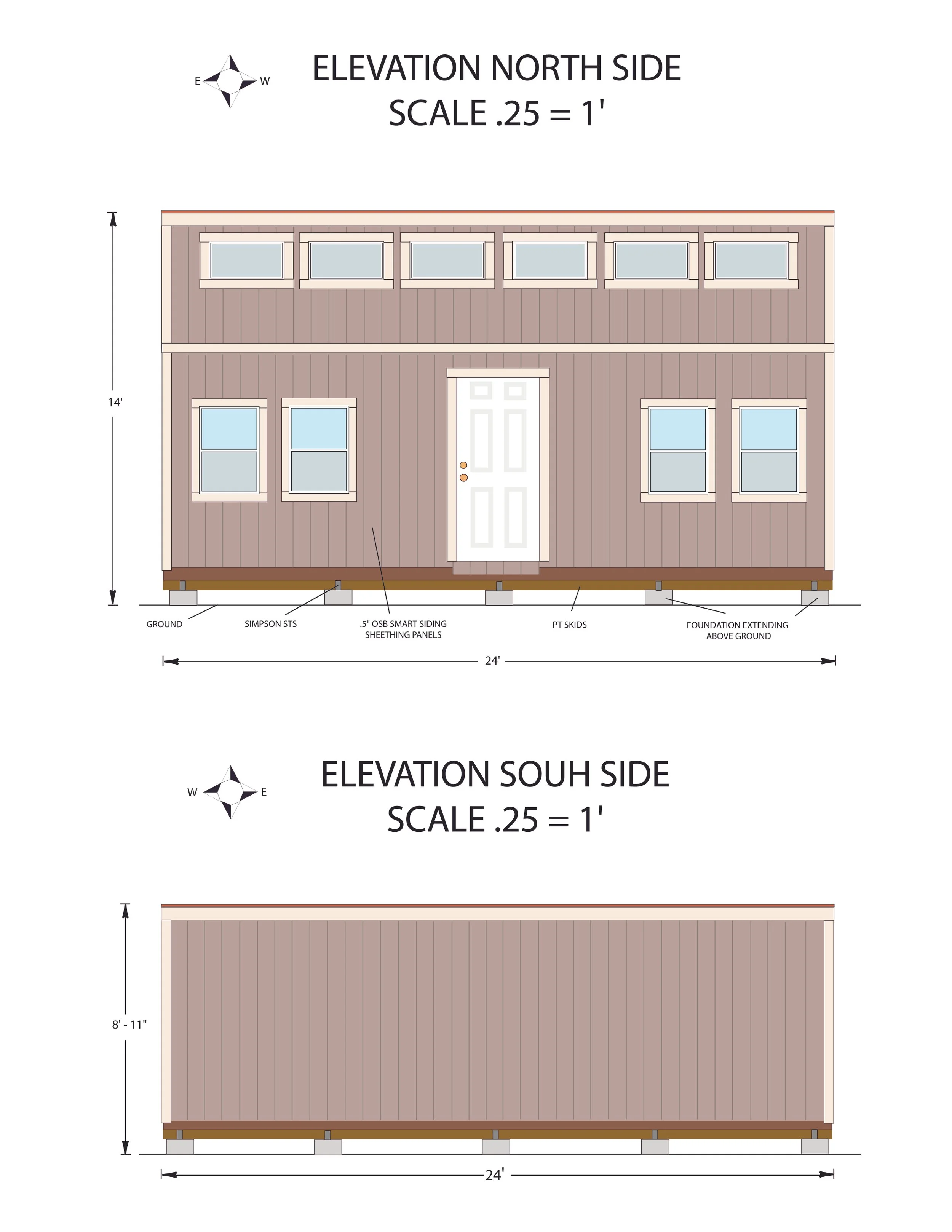 Architectural drawing of a two-story house showing north and south elevations with dimensions and construction details.