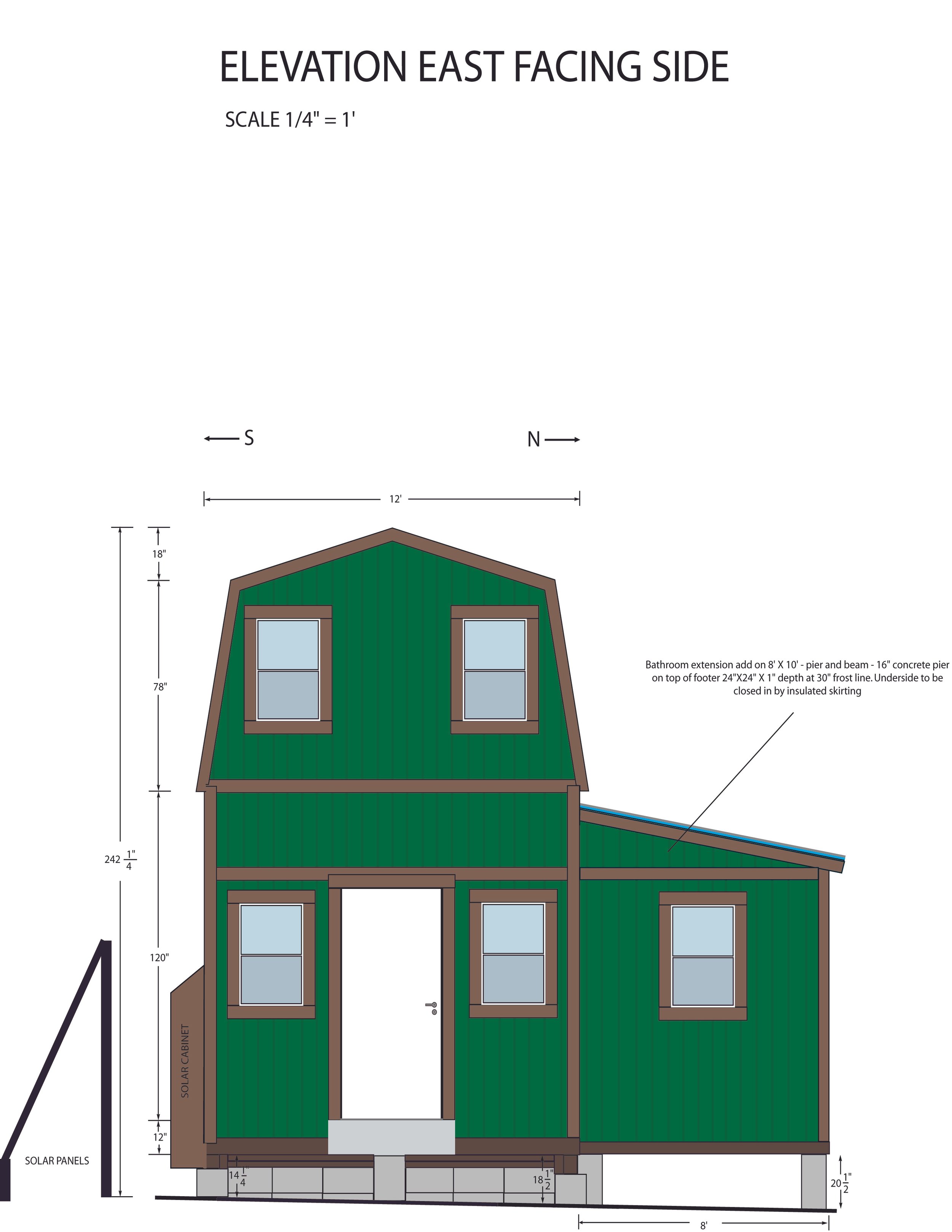 Architectural elevation drawing of a green, two-story house with a sloped roof, four windows, and labeled measurements, facing east.