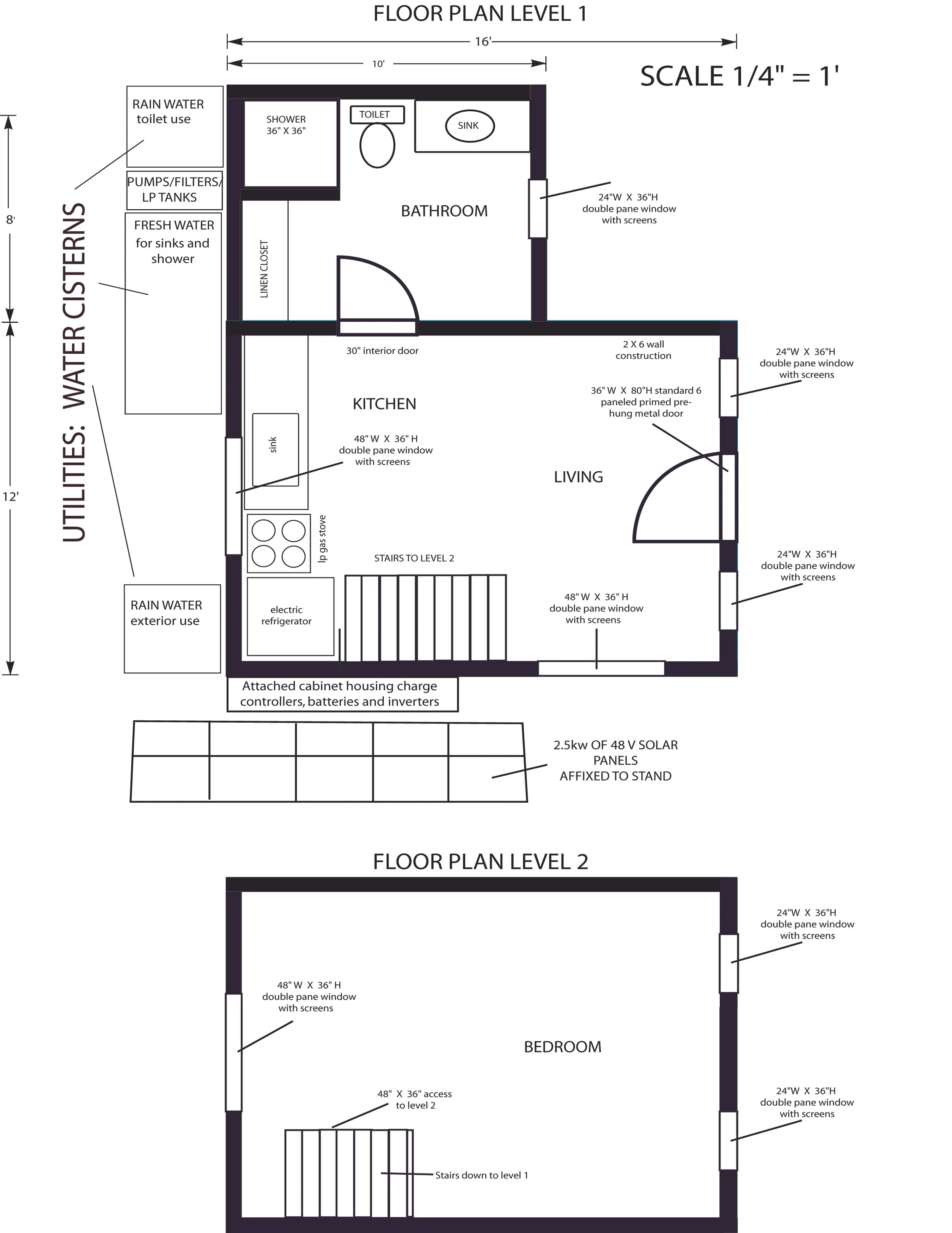 Architectural floor plan for a two-level house showing layout of level 1 with kitchen, living room, bathroom, and utilities; and level 2 with bedroom. Detailed measurements of doors, windows, and appliances are included.