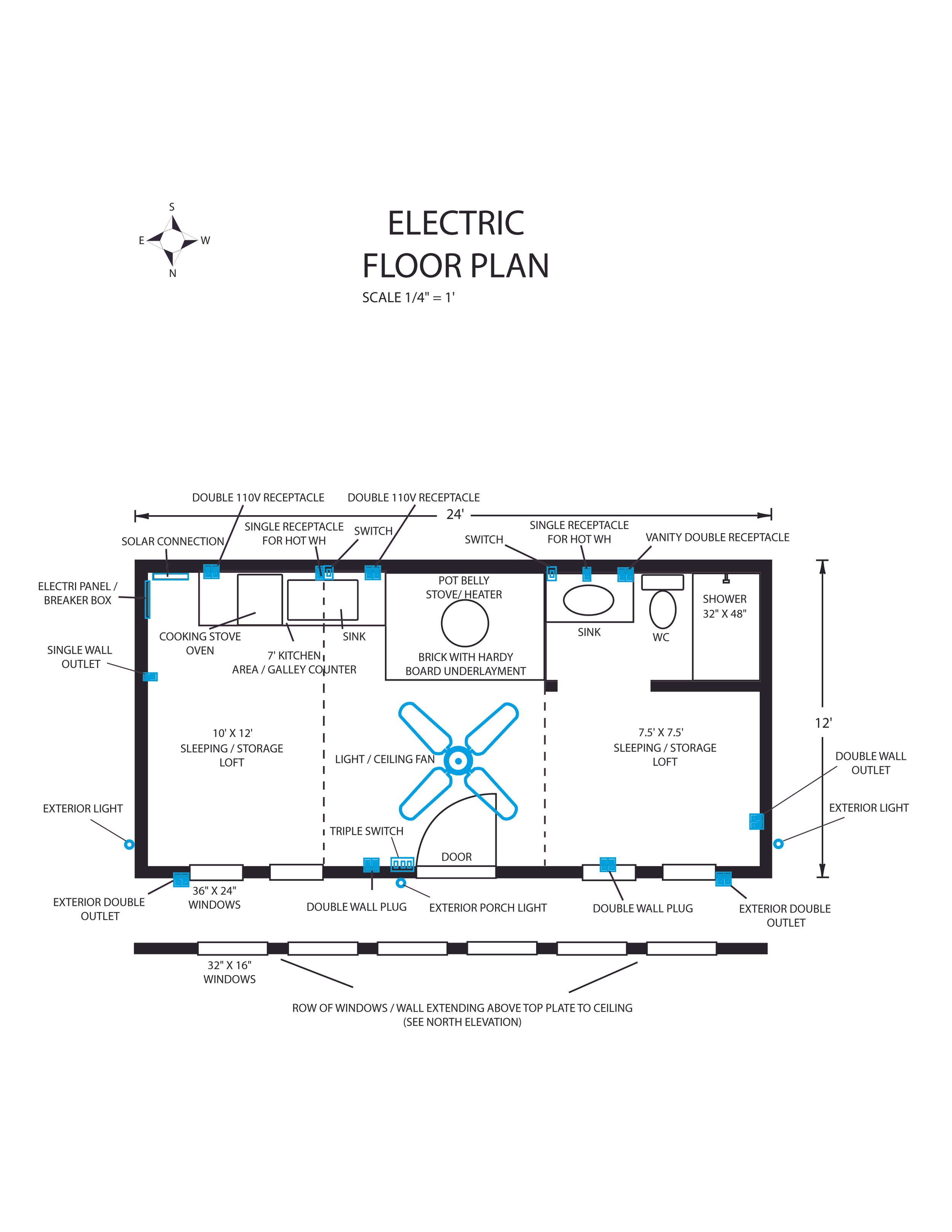 Floor plan of an electric tiny house with kitchen, bathroom, lofts, and electrical features. North arrow showing orientation.