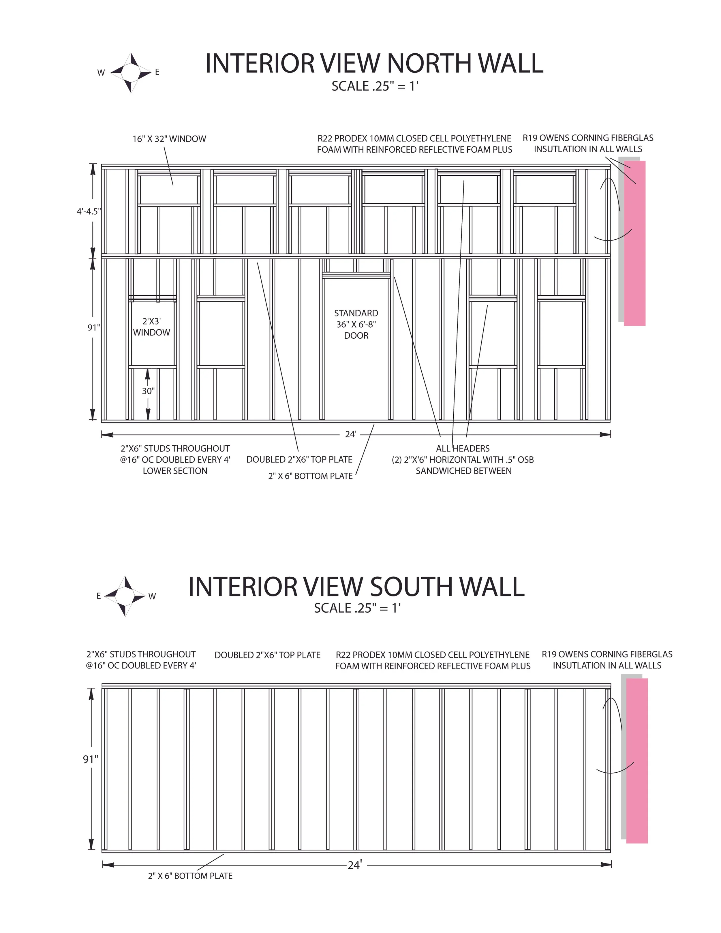 Blueprint of interior view of north and south walls showing construction details including windows, doors, studs, plates, headers, insulation, and measurements.