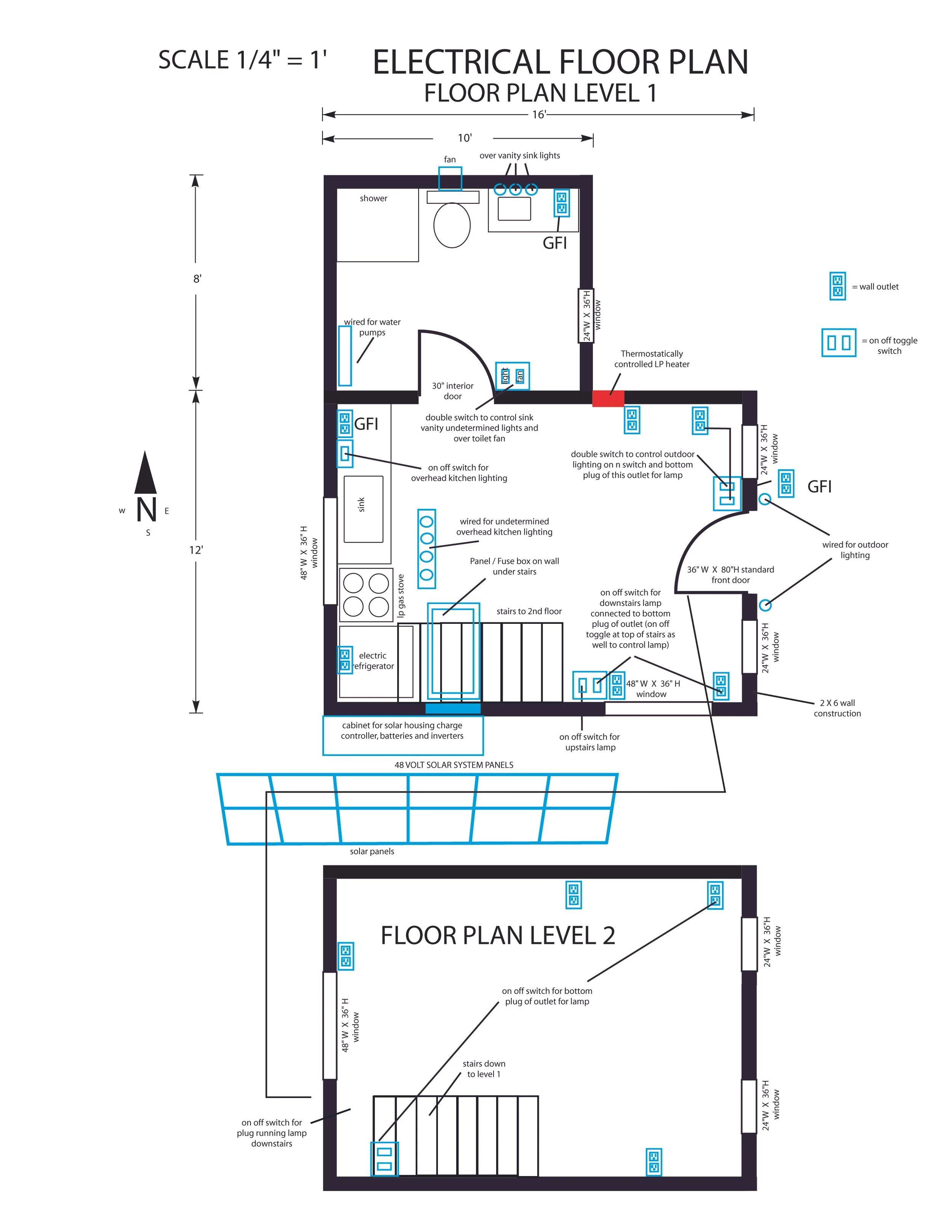 Electrical floor plan showing two levels with room layout, window placements, electrical outlets, switches, and lighting fixtures labeled for each room.
