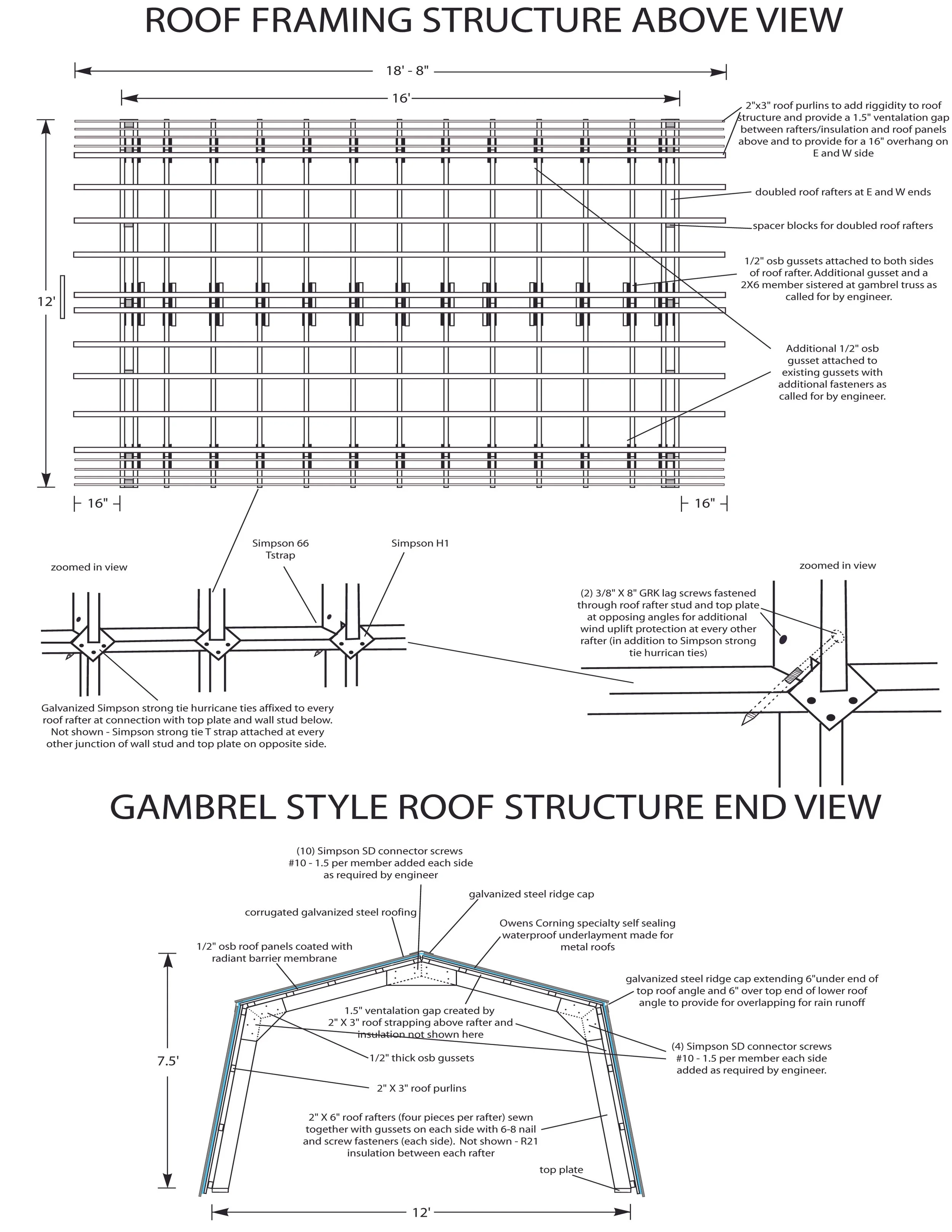 Technical blueprint of a roof framing structure above view and gambrel style roof end view, showing dimensions, components, and construction details including rafters, purlins, gussets, connector screws, steel ridge caps, and ventilation gaps.
