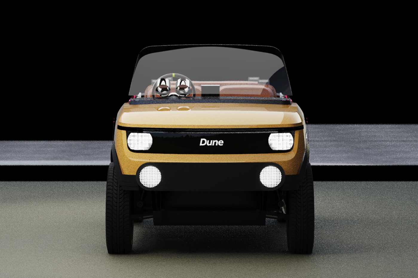 Front view of a yellow vintage dune buggy with 'Dune' written on the front, headlights, and two steering wheels visible inside, on a dark background with a textured surface.