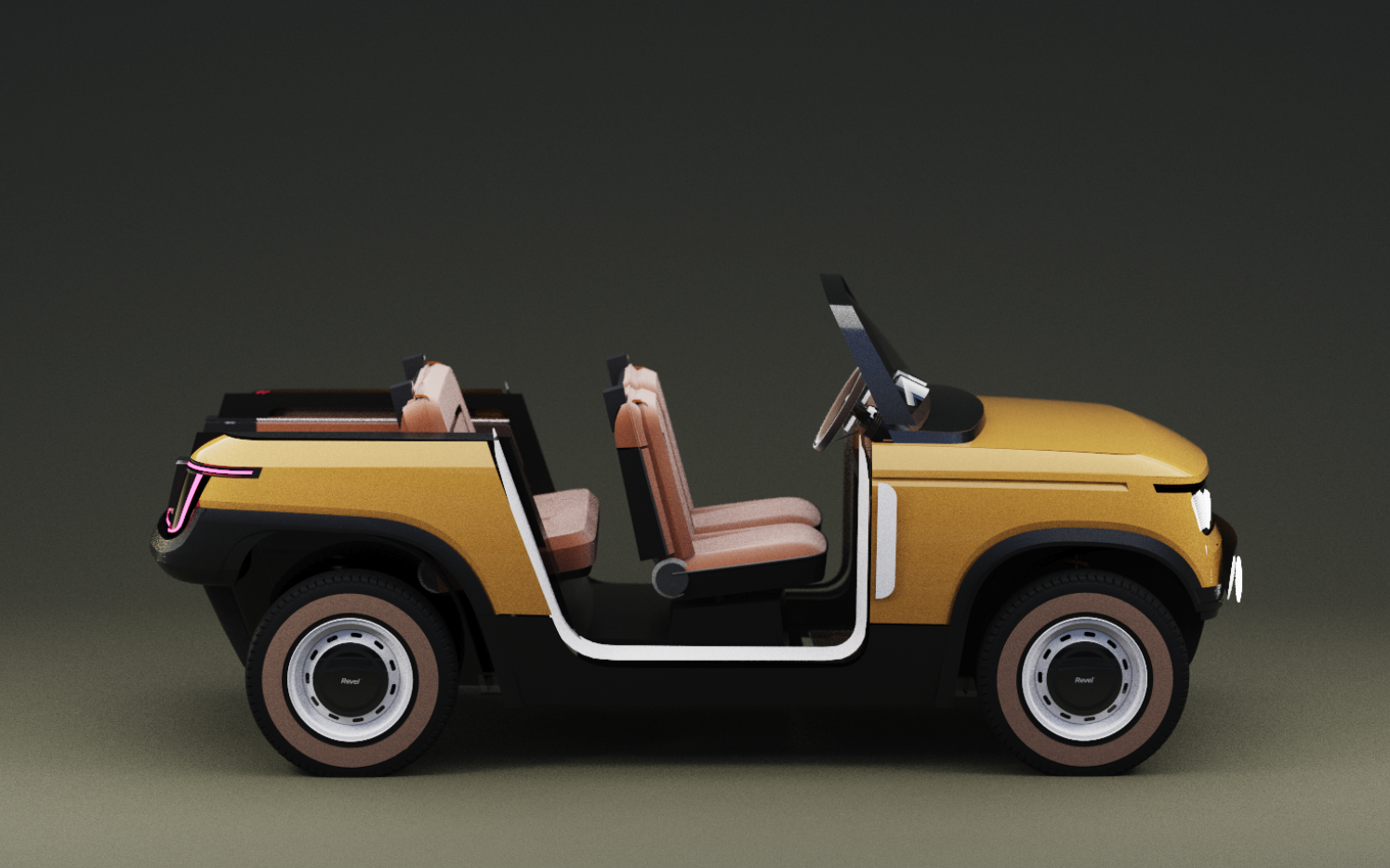 A yellow vehicle with open sides, featuring beige seats, a black steering wheel, and a matte black trim. The vehicle has a rugged, modern design with large round wheels and a dark background.