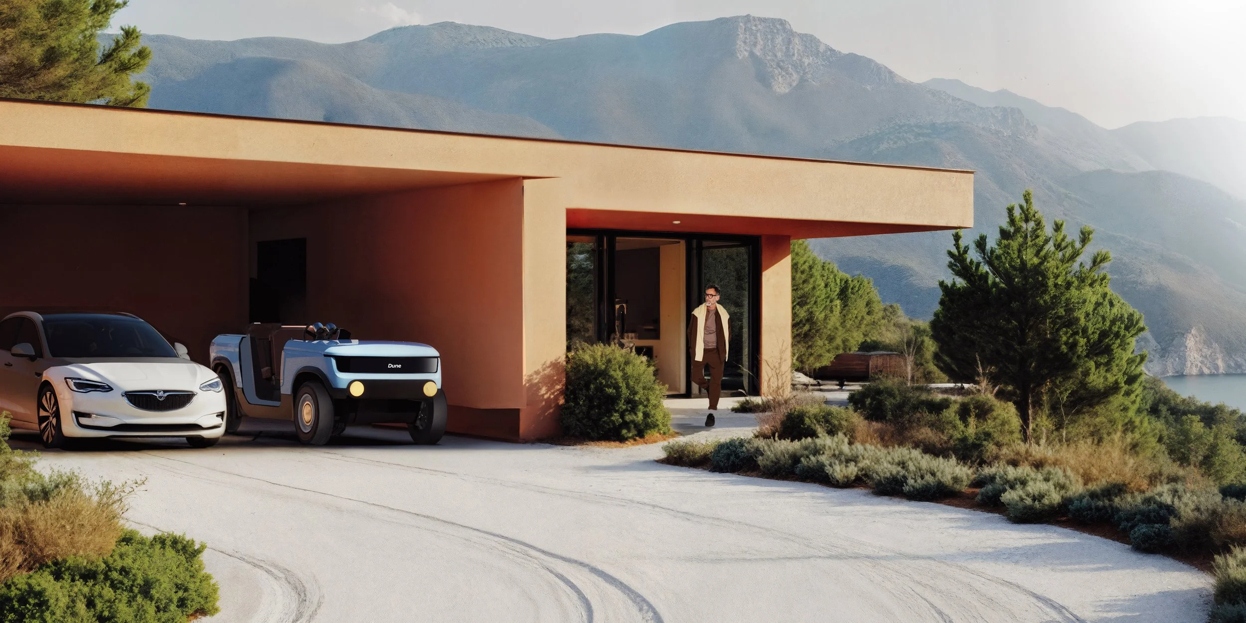Modern house with a driveway, a white Tesla, a futuristic-looking vehicle, and a man walking out of the house, with mountains and trees in the background.