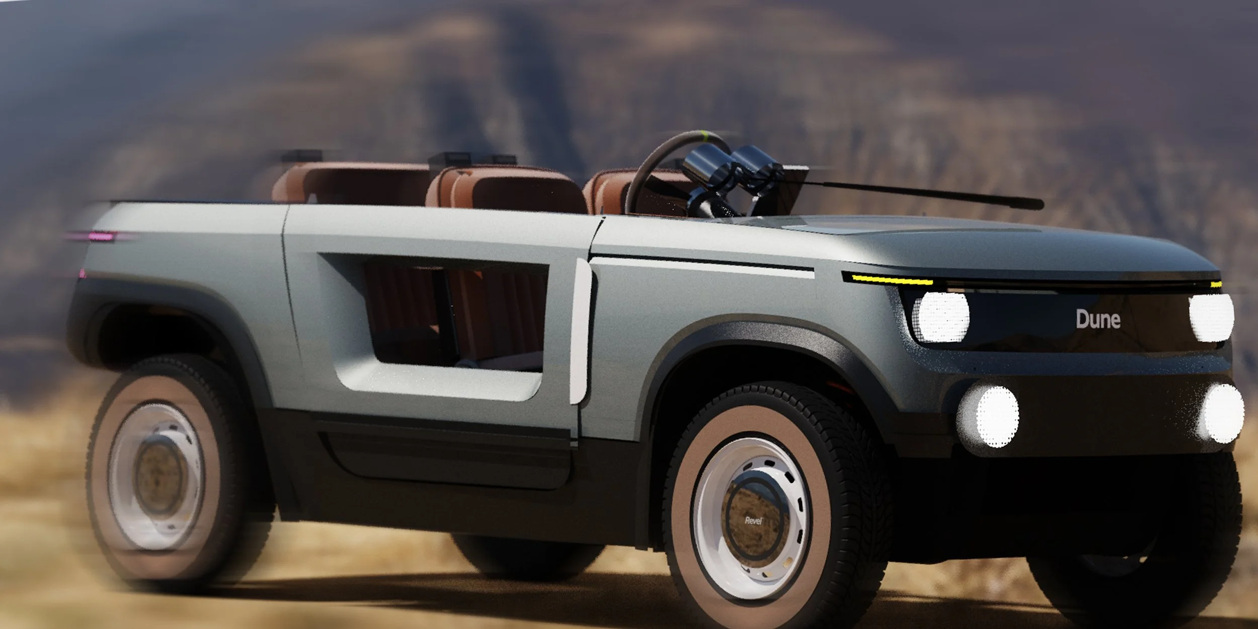 A futuristic off-road vehicle with a sleek, modern design, colored in white and black, driving through a desert landscape with a mountain in the background. The vehicle has large, rugged tires, four round headlights, and a cockpit with brown seats and a steering wheel.