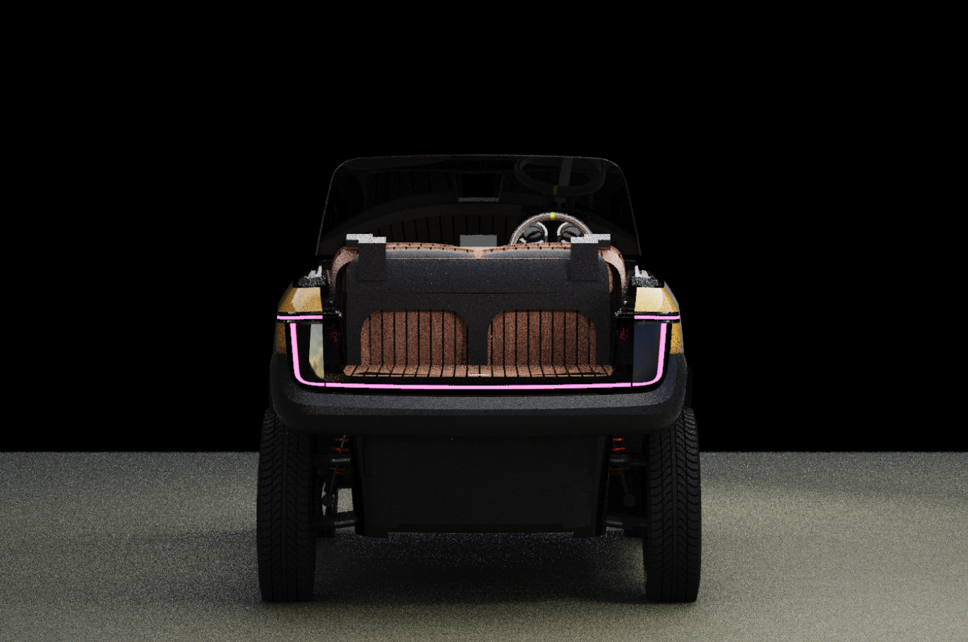 Front view of a modern electric vehicle with a black body, highlighted by pink and white accents, set against a dark background.