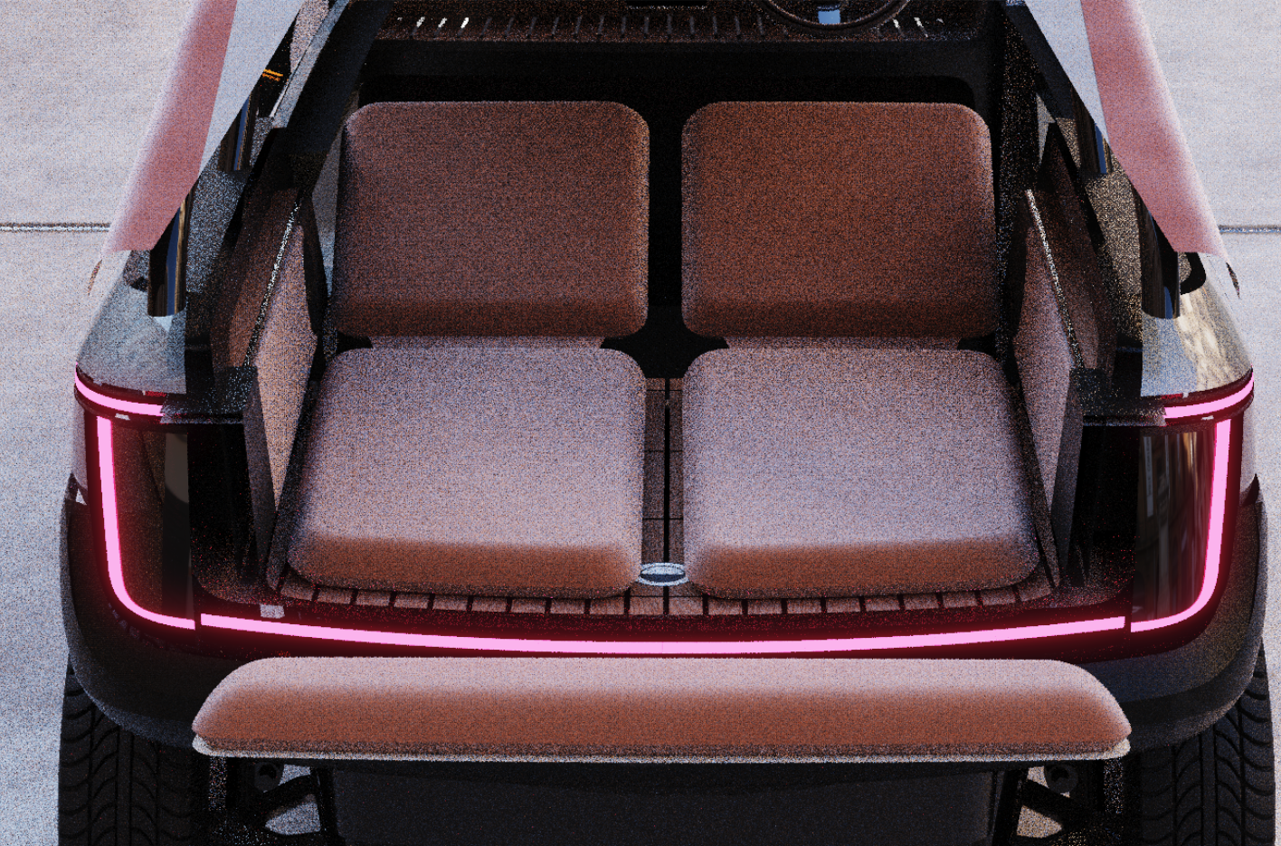 The rear view of a modern electric vehicle showing the open trunk with four seats, two larger for the driver and front passenger, and two smaller rear seats, with LED tail lights illuminated.