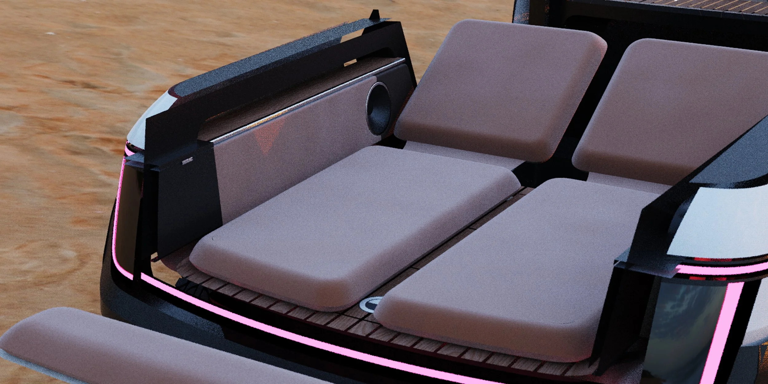 Close-up of the interior of a futuristic vehicle with beige cushioned seats, a black armrest, and a built-in speaker on a wooden floor.